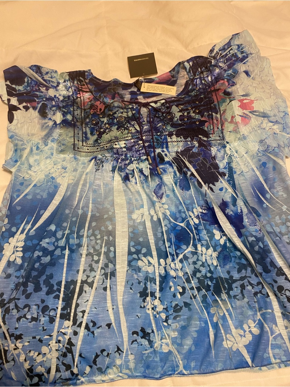 Denver Hayes Blue Floral Beaded Short-Sleeve Tunic